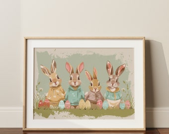 Niedliche Osterhasen Dekorationen, Vintage Osterschilder, druckbare digitale Osterwandkunst, Osterkaninchen-Dekor, Pastell-Ostern-Drucke, Frühling