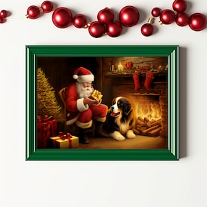 Bernese Mountain Dog Wall Art | Printable Digital Christmas Decoration | Santa Claus Art | Christmas Wall Art | Christmas Dog Painting