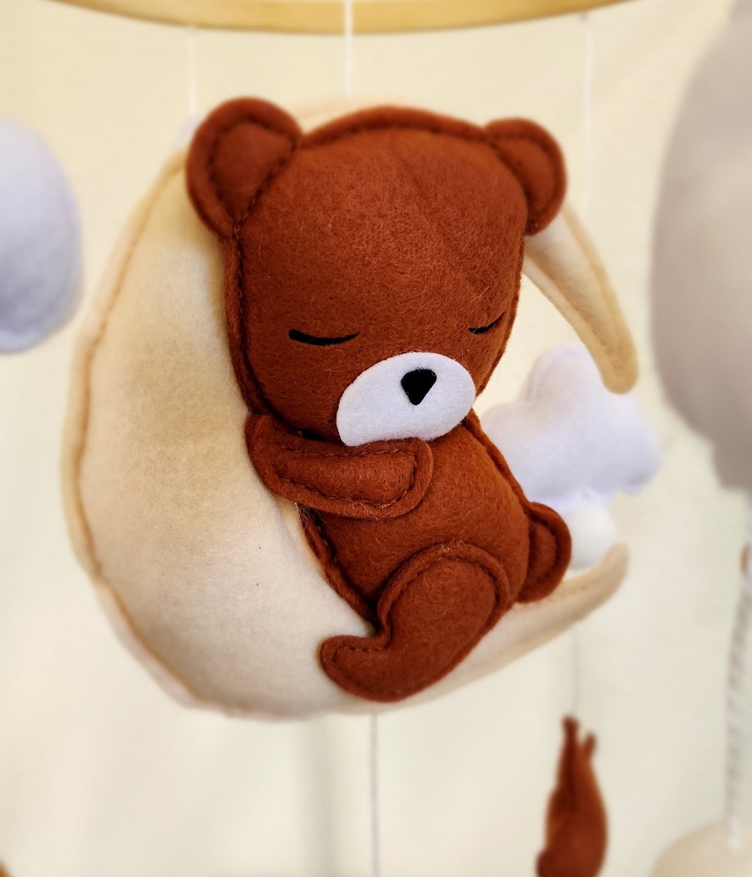 Handcrafted Baby Crib Mobile Bear and Clouds Handmade Educational Toys Developmental Montessori