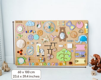 Tableau personnalisé occupé pour tout-petit, tableau d'activités Montessori, cadeau de 1er anniversaire pour garçon et fille, tableau sensoriel en bois pour tout-petit
