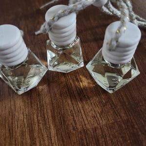 May include: Three clear, diamond-shaped glass bottles with wooden caps and decorative rope. The bottles are filled with a clear liquid. The rope is a light gray color with gold flecks. The bottles are sitting on a brown wooden surface.