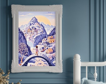 Poster for Kids Room "Alpine Wonderfall", Whimsical Decoration for Nursery, Cute Illustration Wall Decor, Art for Children, Gift for Kids