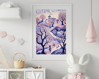 Kids Poster "Sakura Serenity", Wall Decor for Kids Room or Nursery, Colorful Illustration of Cherry Blossom for Japan Lovers, Cute Pastels