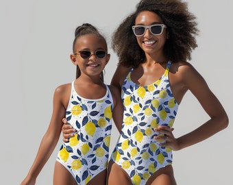 Lemons Print Beachwear Set, Matching Swimsuits, Mommy and Me, Bathing Suit Partnerlook, Mother Daughter Family Swimwear, Mini Me, Onepiece