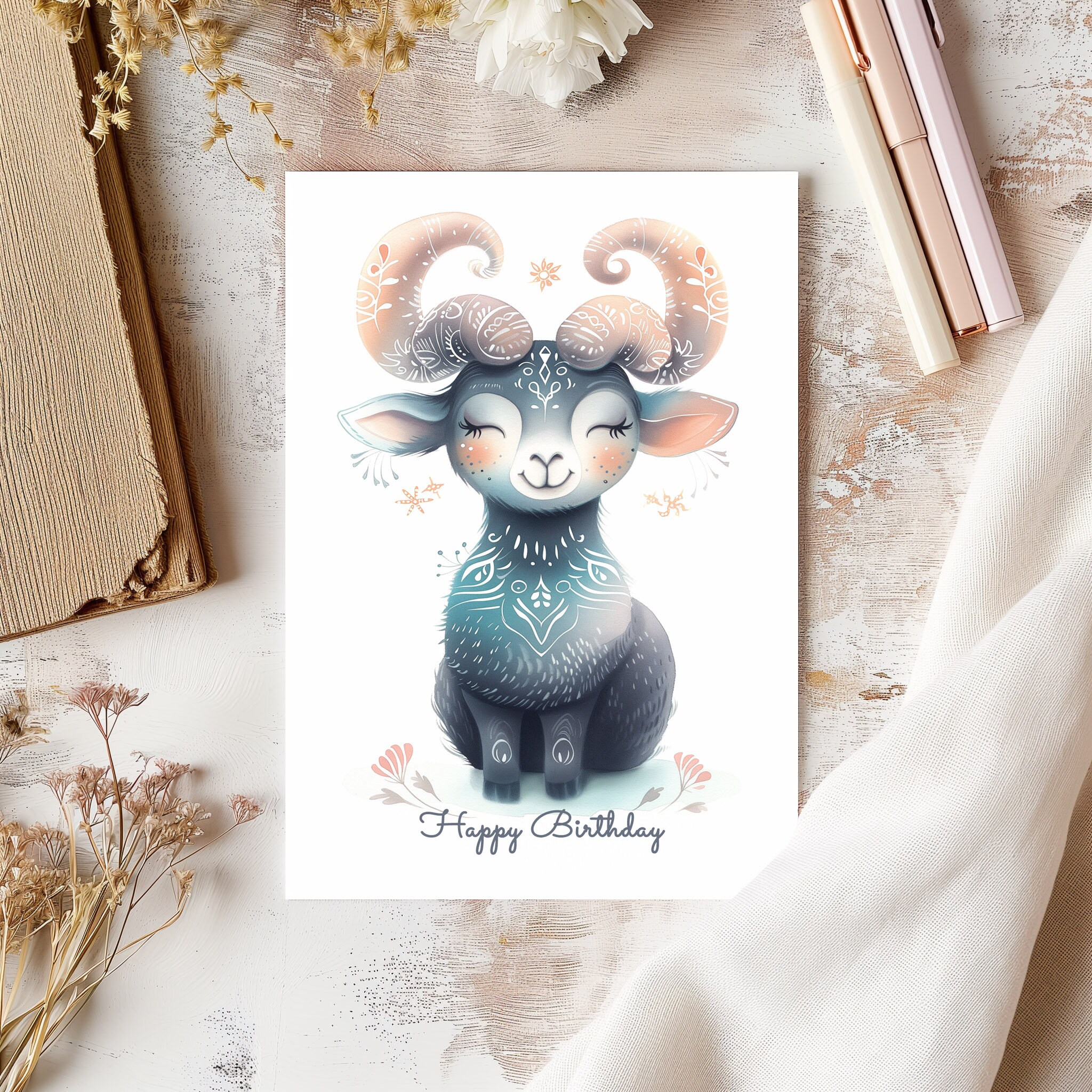 Aries Birthday Card, Zodiac Sign, happy Birthday Greeting Card, Star