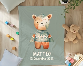 Personalized Baby Blanket with Bear, Baby Boy's Gift, Babyshower, Kids Room, Throw Blanket Soft Silk Touch, Hypoallergenic, Nursery Decor