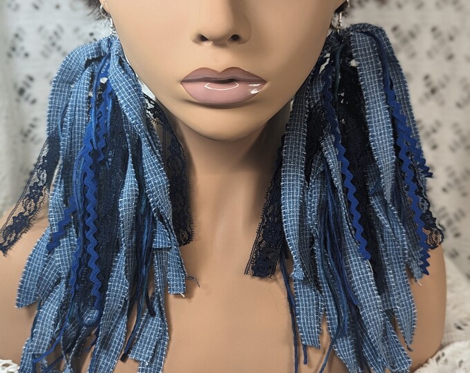 Denim Earrings Shredded Fringe Blue Jean Earrings Tassel Statement