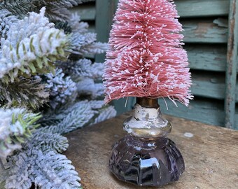 Vintage Inspired Pink Bottle Brush Tree in Shabby Purple Glass Vintage Glass Door Knob - Antique Farmhouse - Valentine's Day Decor