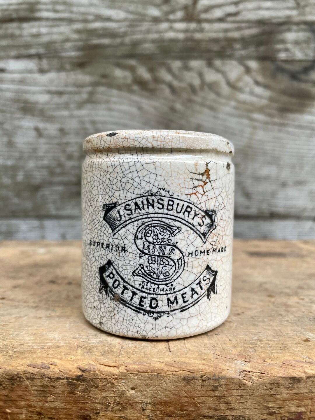 Antique J Sainsburys Potted Meats Jar C.1880 English Advertisement