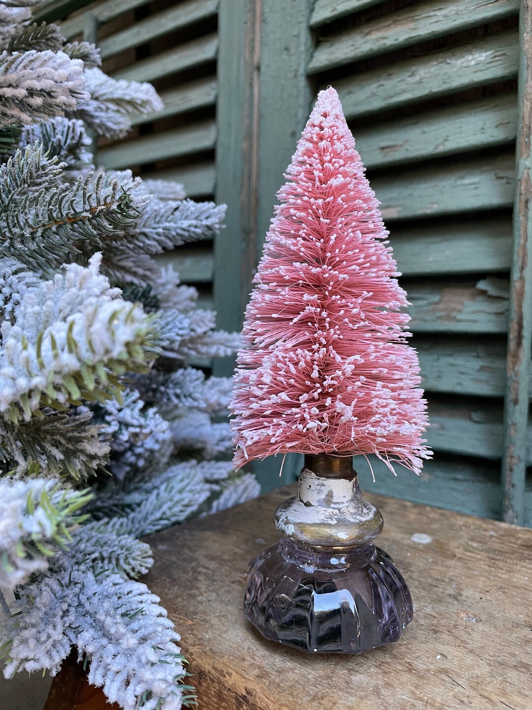 Vintage Inspired Pink Bottle Brush Tree in Shabby Purple Glass Etsy