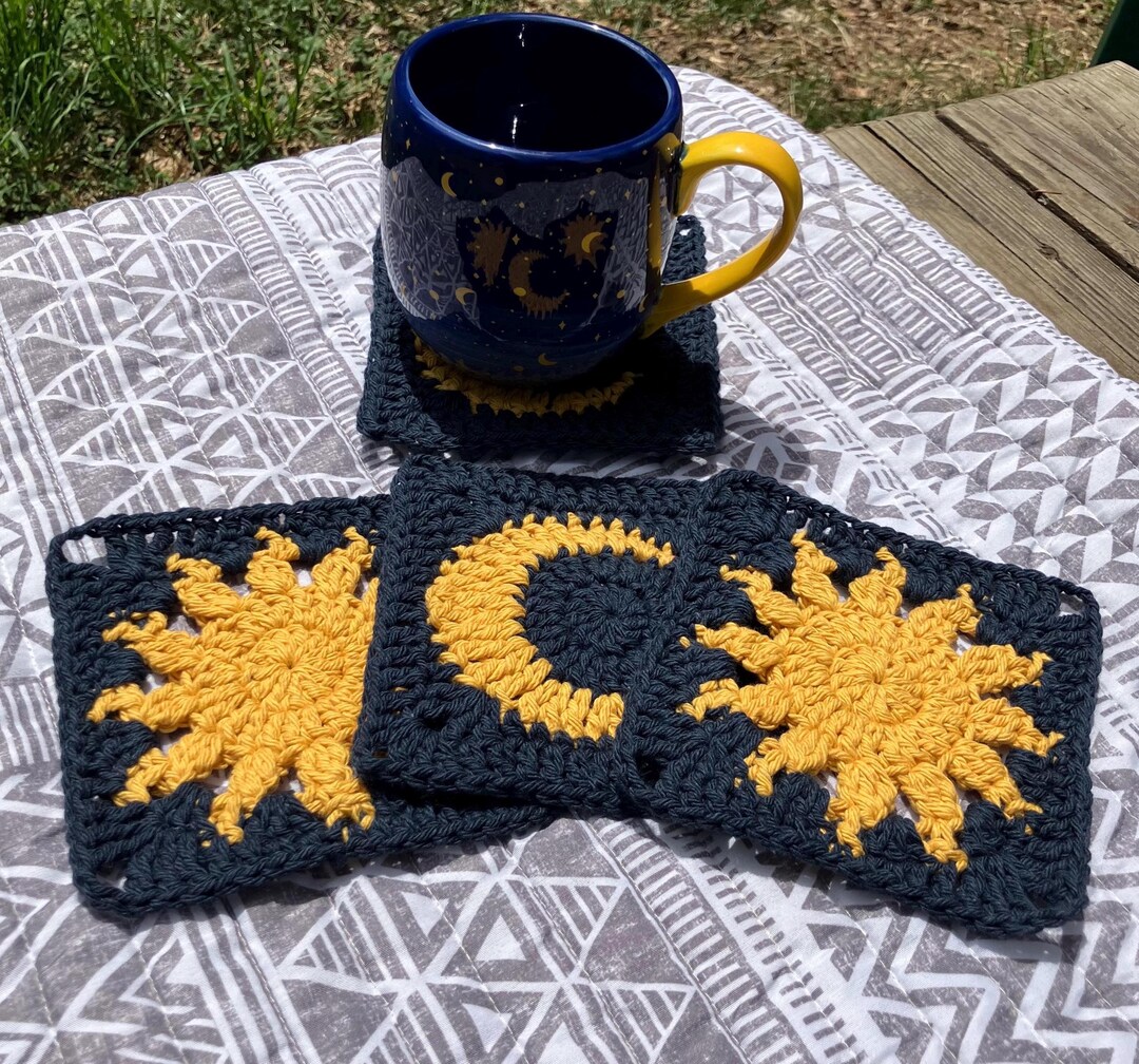 Handmade Crochet Sun and Moon Square Coaster Set - Etsy