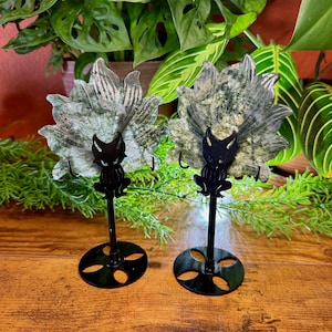 Moss Agate Nine Tail Fox with Stand || Clear Druzy Moss Agate Fox Tail