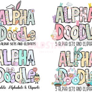 Pacote de letras do alfabeto de Páscoa PNG, ovos de Páscoa, floral de primavera, coelho da Páscoa, rabisco desenhado à mão, designs de conjunto alfa de sublimação de cenoura PNG