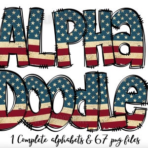 Rustic Flag Alphabet Letters PNG Bundle, Patriotic USA Flag Doodle Letters, Hand Drawn Alphabet Doodle, Sublimation Alpha Set Designs PNG
