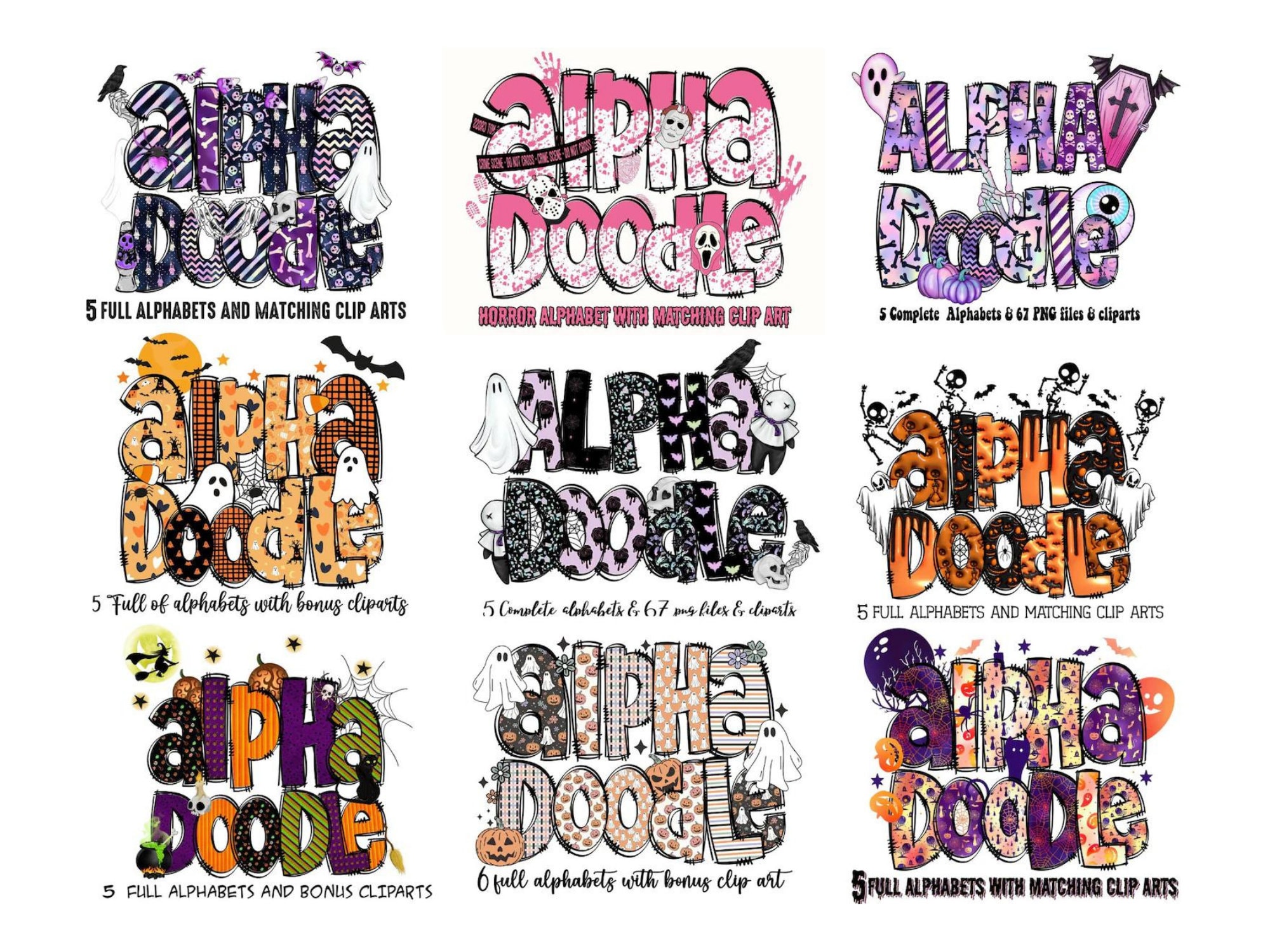 Halloween Doodle Bundle letters with Clip Art PNG Files, Make your own Name, Doodle Alpha Bundle, Halloween Clipart Alphabet Doodle Set PNG