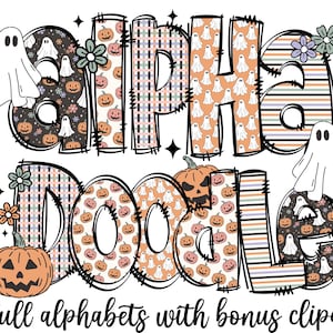 Halloween Doodle letters with Clip Art PNG Files, Make your own Name, Doodle Alpha Bundle, Halloween Clipart Alphabet Doodle Set PNG