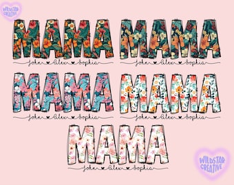 Può includere: Quattro design digitali che presentano la parola "MAMA" in lettere nere e grassetto con un motivo floreale in tonalità di rosa, blu, verde e arancione. I design includono i nomi "John", "Alex" e "Sophia" sotto ogni design.