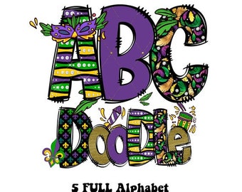 Mardi Gras Doodle letters with Clip Art PNG Files, Make your own Name, Doodle Alpha Bundle Mari Gras Clipart Alphabet Doodle Set PNG