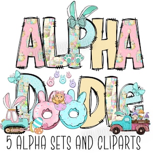 Easter Alphabet Letters PNG Bundle, Easter Eggs, Spring Floral, Easter Bunny, Hand Drawn Doodle, Carrot Sublimation Alpha Set Designs PNG