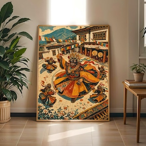 May include: A framed wall art print depicting a vibrant scene of figures in ornate, colorful traditional costumes performing a dance in a courtyard. The central figure wears a dark mask, while prayer flags hang above against a mountain backdrop.