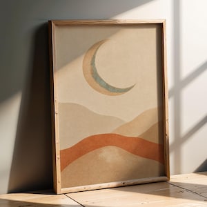 Crescent Moon Poster - Modern Flat Illustration, Beige Sand and Terracotta Tones