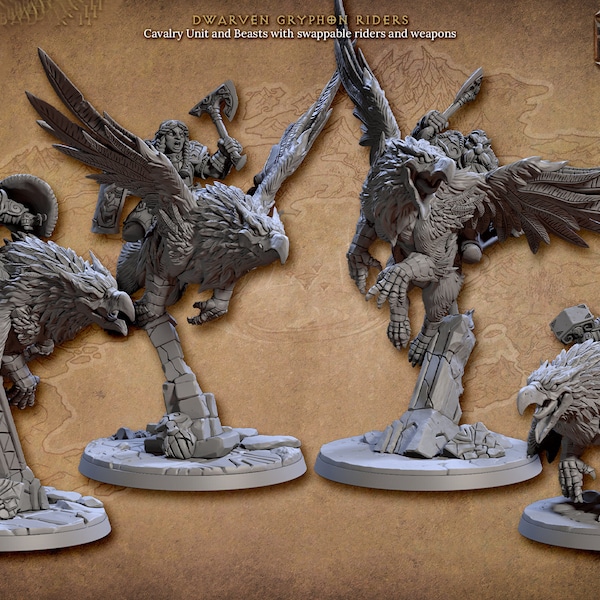 Mini cavalerie naine du D&D | Miniature de monture griffon Wargaming | Jeton de personnage joueur | Éclaireur figurine | Statue de loup RPG à peindre