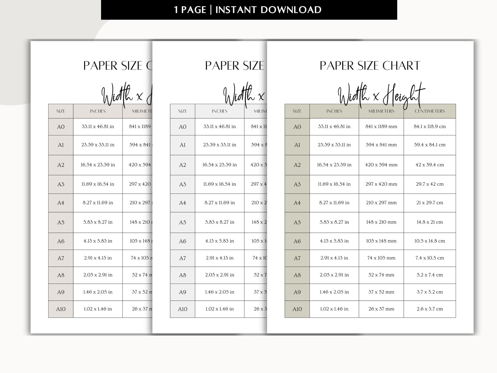 Printable Paper Size Chart 1 Page Template PDF - Etsy