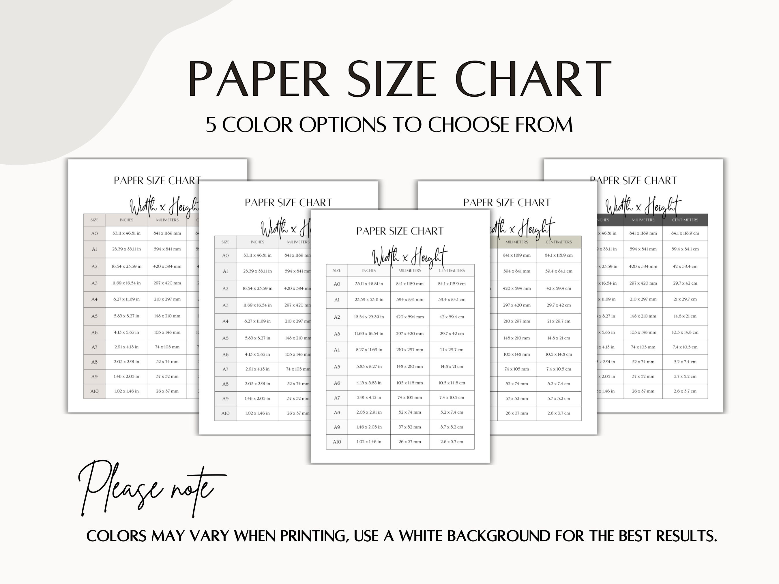 Printable Paper Size Chart 1 Page Template PDF Etsy