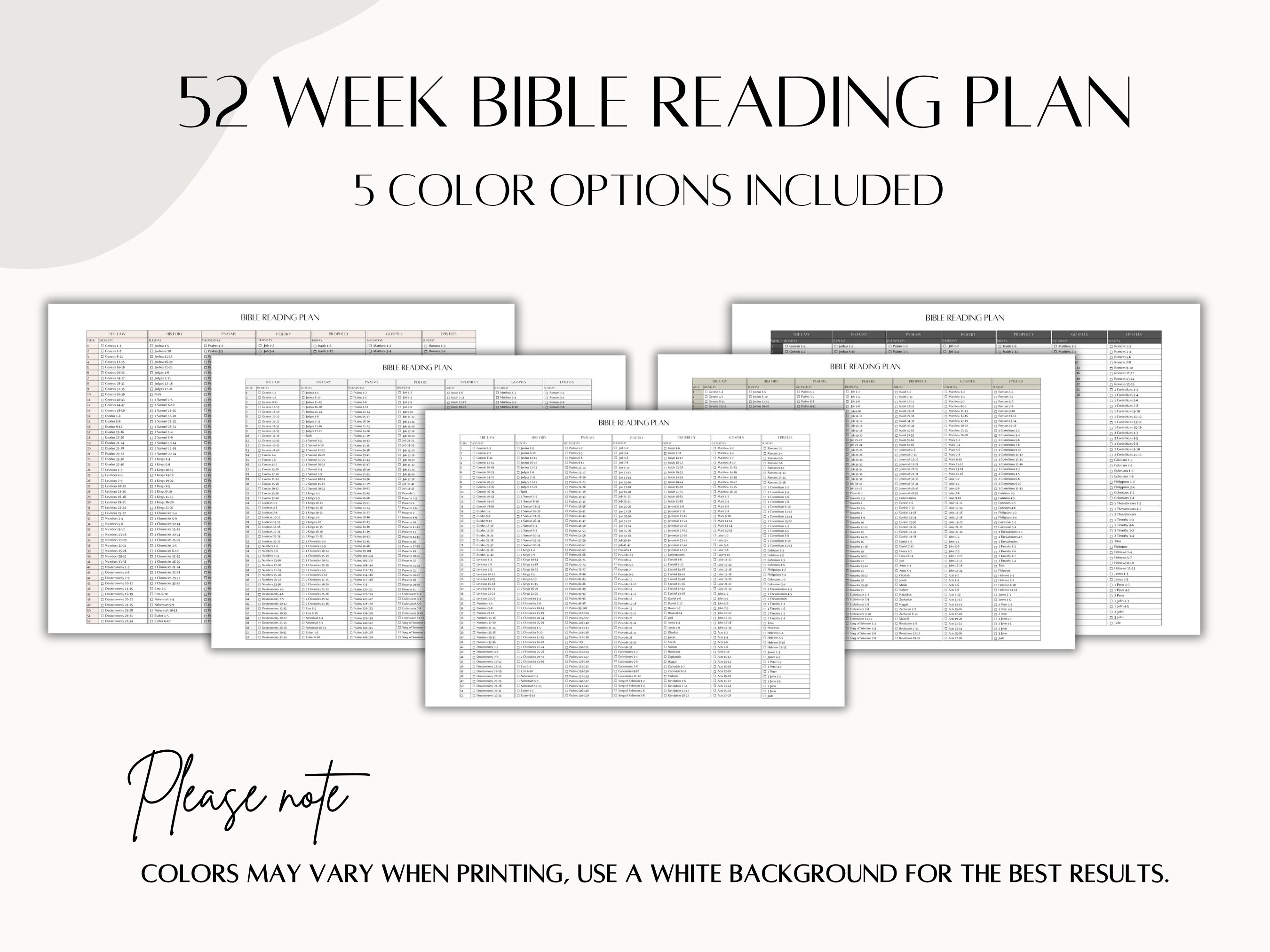 Bible Reading Plan, 1 Page Bible Reading Plan, Printable 52 Week Readin ...