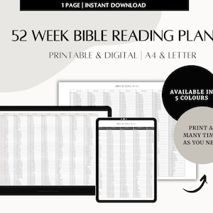 Plan de lectura de la Biblia, Plan de lectura de la Biblia de 1 página, Plan de lectura imprimible de 52 semanas en tamaño A4 y carta estadounidense, Leer la Biblia en un año