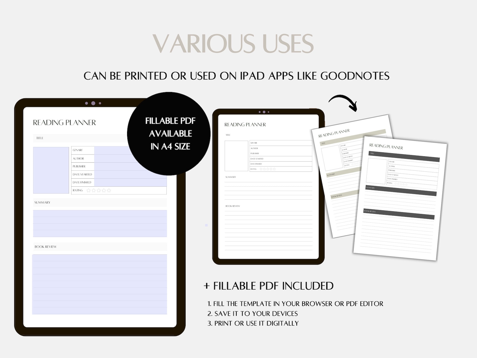 Reading Planner Template, Printable and Fillable Pdfs for IPAD, Instant Download A4, A5, US ...
