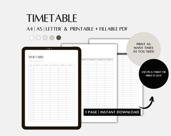 Plantilla de planificador de horarios Descarga instantánea, archivos PDF imprimibles y rellenables A4, A5 y carta estadounidense