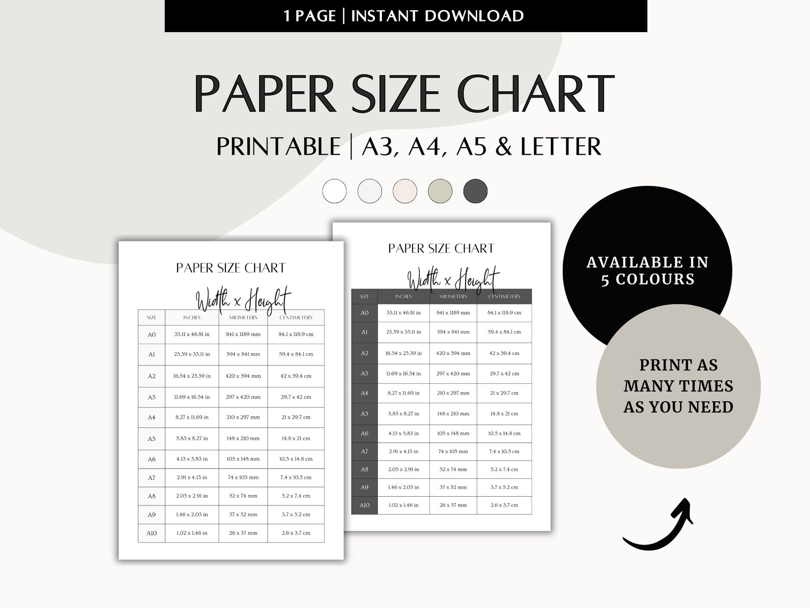 Printable Paper Size Chart 1 Page Template PDF - Etsy
