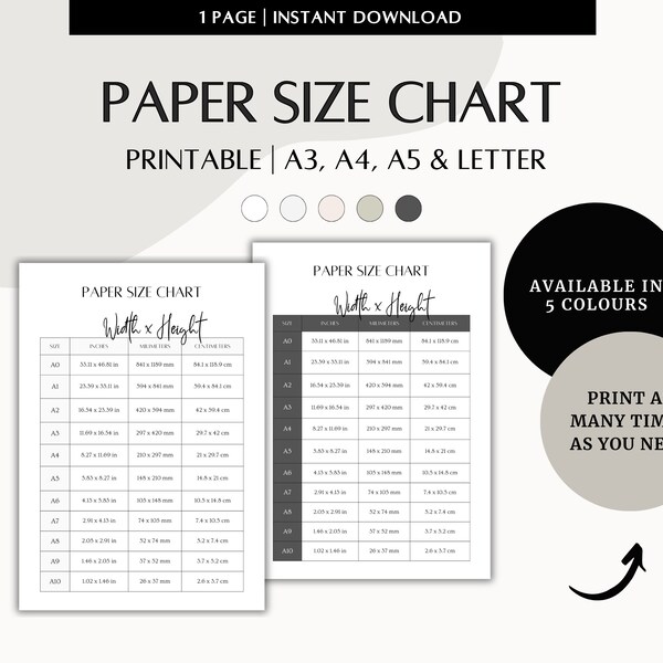 Printable Paper Size Chart - Etsy