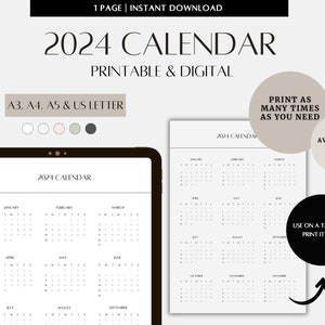 Könnte beinhalten: Ein druckbarer Kalender für 2024 in Schwarzweiß, mit den Monaten in einem Rasterformat dargestellt. Der Kalender ist in fünf Farben erhältlich und kann in verschiedenen Größen gedruckt werden, darunter A3, A4, A5 und US Letter.