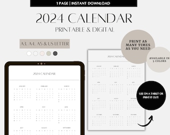 Calendario 2024 Año, Imprimible, Calendario de una página, Calendario de 12 meses, Calendario minimalista en A3, A4, A5, tamaño Carta de EE.UU., descarga en PDF
