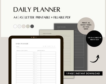 Planificador diario, Lista de tareas pendientes imprimible, Horario diario mínimo, Diario organizador diario, Agenda diaria, A4 rellenable, A5, PDF tamaño carta
