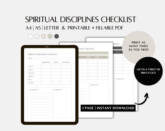 Lista de verificación de disciplina espiritual Descarga instantánea de plantilla de 1 página, archivos PDF imprimibles y rellenables tamaño A4, A5 y carta estadounidense para iPad