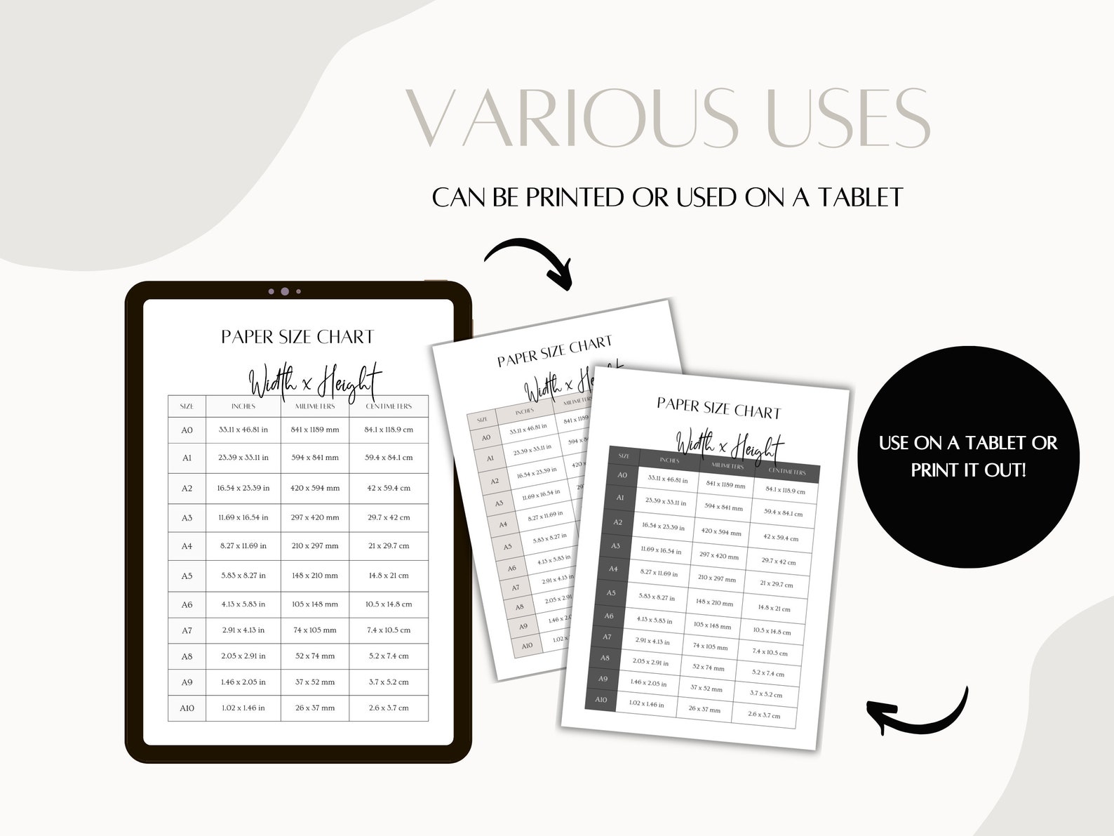 Printable Paper Size Chart 1 Page Template PDF - Etsy