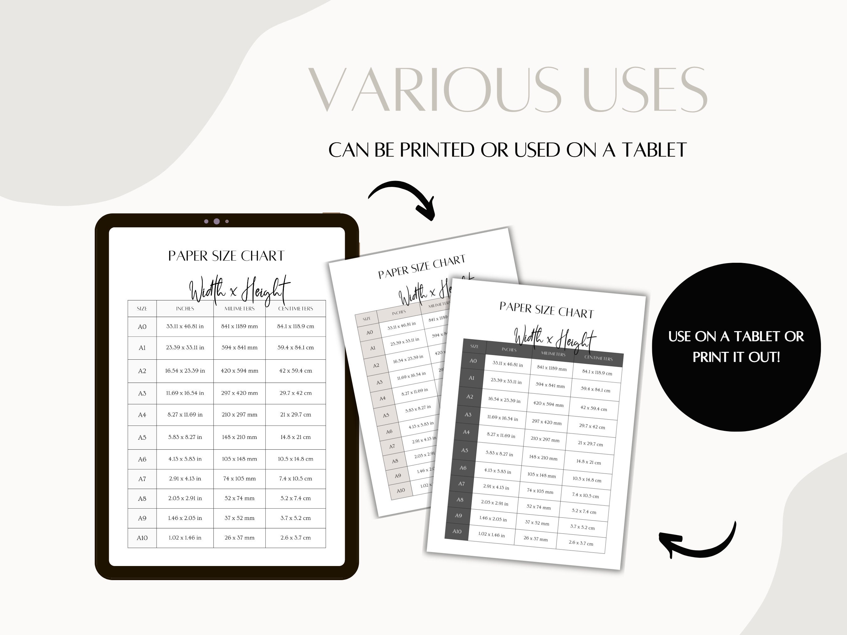 Printable Paper Size Chart 1 Page Template PDF Etsy