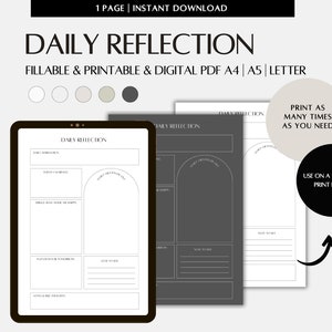 Daily Reflection Planner 1 Page Template, Fillable and Printable Journal, Instant Download A4, A5, US Letter PDF for iPad
