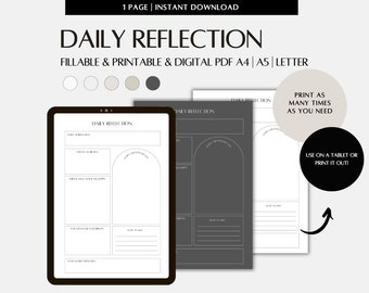 Planificador de reflexión diaria Plantilla de 1 página, Diario rellenable e imprimible, Descarga instantánea A4, A5, Carta de EE. UU. PDF para iPad