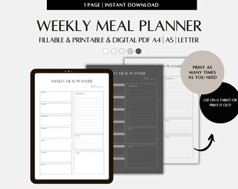 Planificador de comidas semanal, PDF rellenable e imprimible