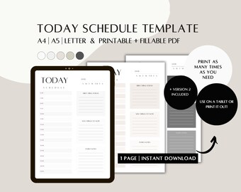 Plantilla de programación de hoy rellenable, planificador diario imprimible de 1 página, planificador sin fecha, A4, A5, descarga instantánea de cartas