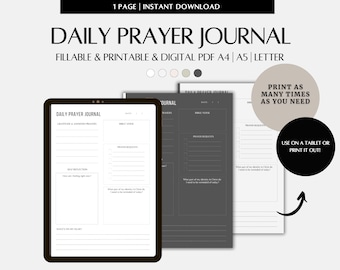 Diario de oración diario, Planificador de fe imprimible y rellenable de 1 página PDF en tamaño A4, A5 y Carta, Plantilla digital del diario de oración