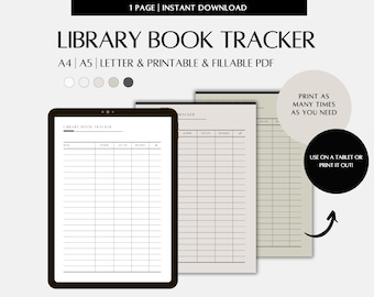 Library Book Tracker PDF, plantilla de 1 página rellenable e imprimible para IPAD, descarga instantánea