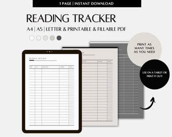 Reading Tracker PDF rellenable e imprimible para iPads, descarga instantánea A4, A5, plantillas de cartas de EE. UU.