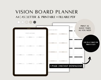 Tablero de visión minimalista, Descarga instantánea, PDF imprimible y rellenable, Planificador de productividad, A4, A5, Plantilla tamaño carta para iPad