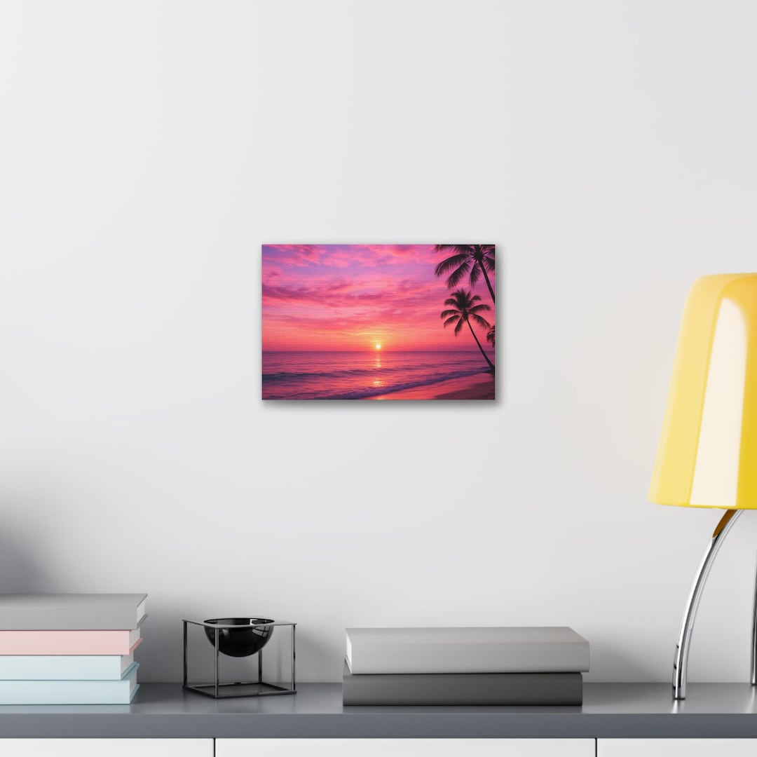 Pink Sunset Canvas Wall Art | Tropical Beach With Palm Trees | Ocean ...