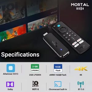Puede incluir: Un conjunto negro de dispositivo de transmisión y mando a distancia. El dispositivo tiene la palabra "MORTAL" impresa. El mando tiene botones para YouTube, Netflix y Google Play. Las especificaciones incluyen 4K, 16 GB Flash y WiFi 6.